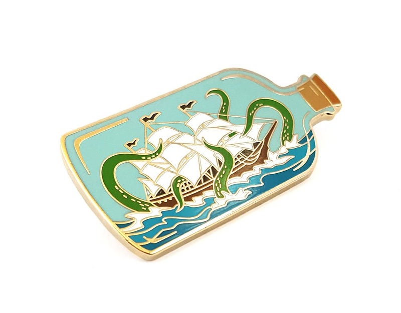 Pinsanity Ship In A Bottle Attacked by Sea Monster Enamel Lapel Pin - Image 1